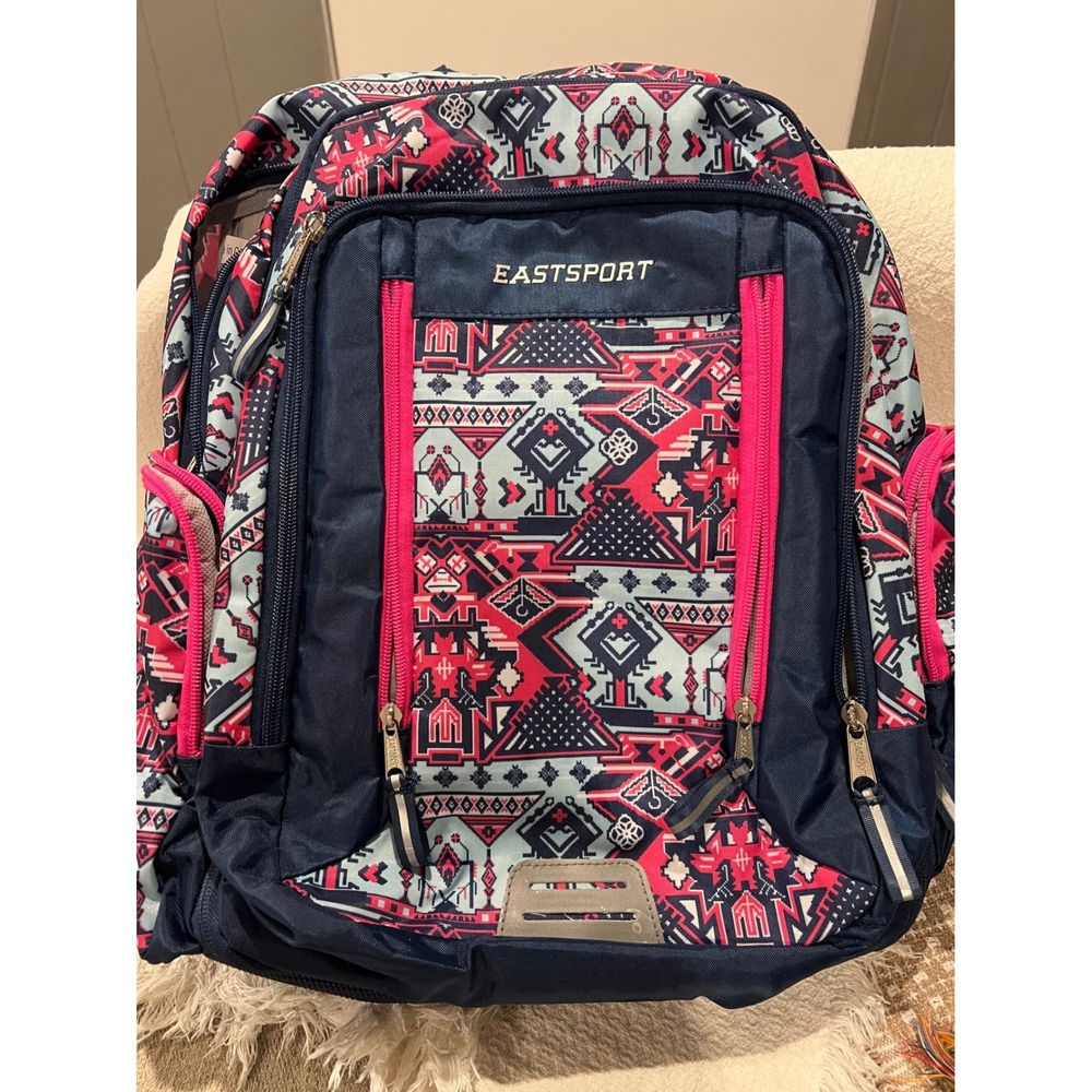 Eastsport Backpack Navy Pink Geometric Tribal Print Multi-Pocket School Bag